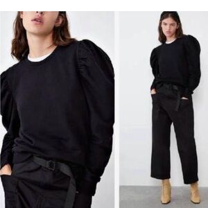 Zara fleece crew neck sweatshirt with puff sleeves